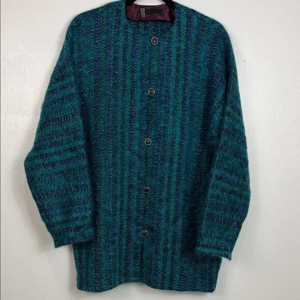 Vintage Dominique Maranda Wool Mohair Sweater Jacket Blue Green Size L
